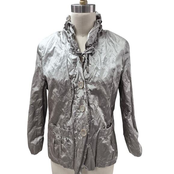 Chico's Cotton/Poly Blend Metallic Crushed Satin Pale Green Jacket Sz 1( S/M) - Picture 1 of 6